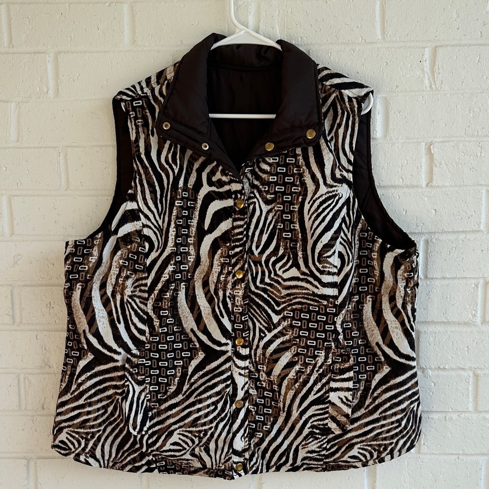 Casual Identity  Zebra Print Button-Up Reversible Vest Size 2X Black Brown White